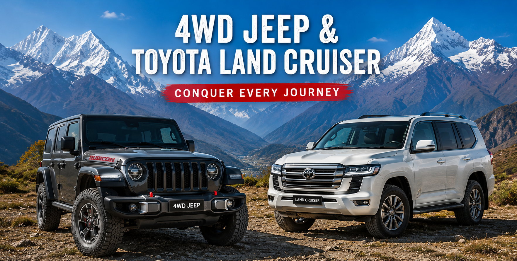Toyota Land Cruiser 4WD Hire in Nepal -Premium Land Cruiser, Prado, Fortuner and Off-Road Vehicle Rental with Himalayan Mountain Background