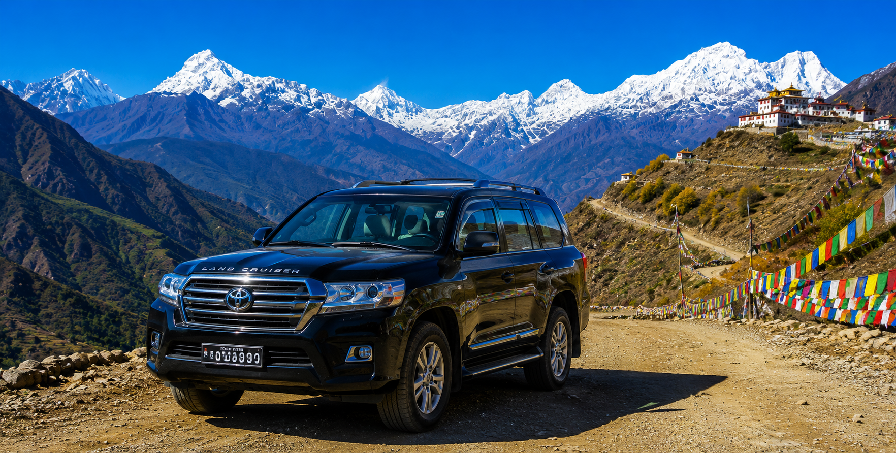Toyota Land Cruiser 4WD Hire in Nepal – Premium Land Cruiser, Prado, Fortuner and Off-Road Vehicle Rental with Himalayan Mountain Background