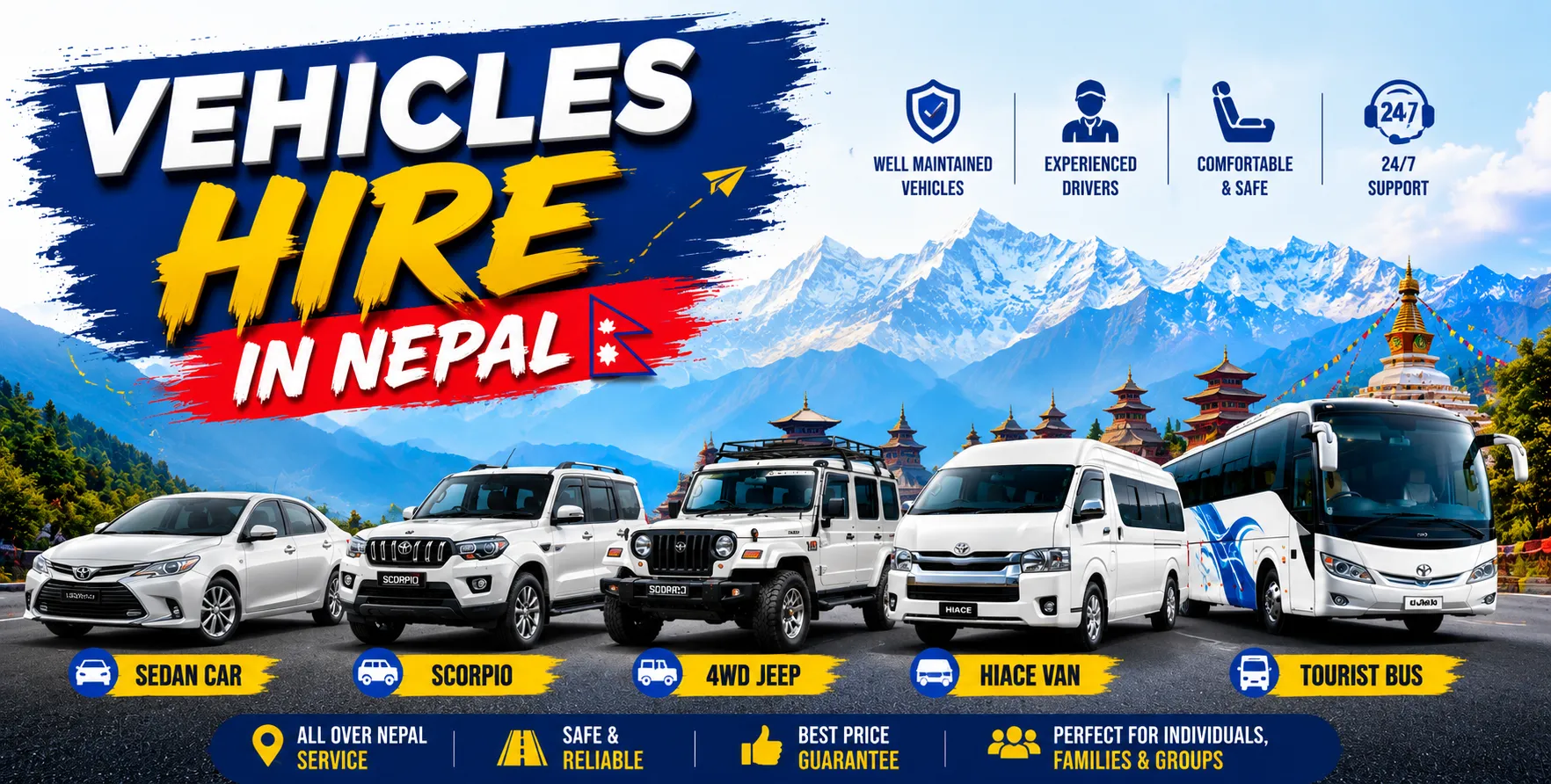 Car, Jeep, Hiace & Bus Hire in Nepal Car, jeep, Toyota Hiace, and tourist bus available for hire in Nepal for trekking, tours, airport transfers, and group travel.