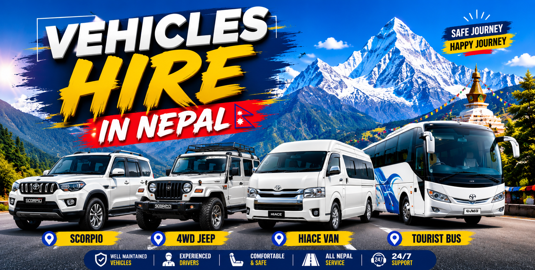 All Over Nepal Vehicle Hire– Professional Car, Jeep, Hiace, Coaster Bus, Tourist Bus and Luxury Transportation Services All Over Nepal Vehicle Hire
