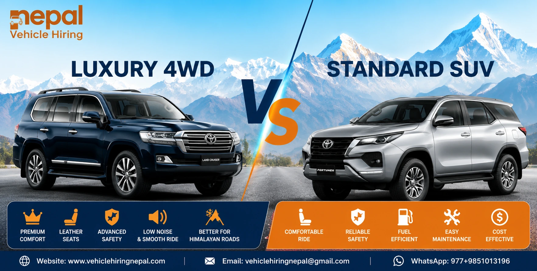 Luxury 4WD and standard SUV parked side by side for comparison on Nepal's scenic mountain roads