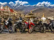 Royal Enfield Himalayan 450, KTM 390 Adventure R, Royal Enfield Himalayan 411, Royal Enfield Classic 350, Royal Enfield Classic 500, Bajaj Pulsar and Hero adventure motorcycles in Mustang Valley with the ancient Mustang Kingdom, Nepal.