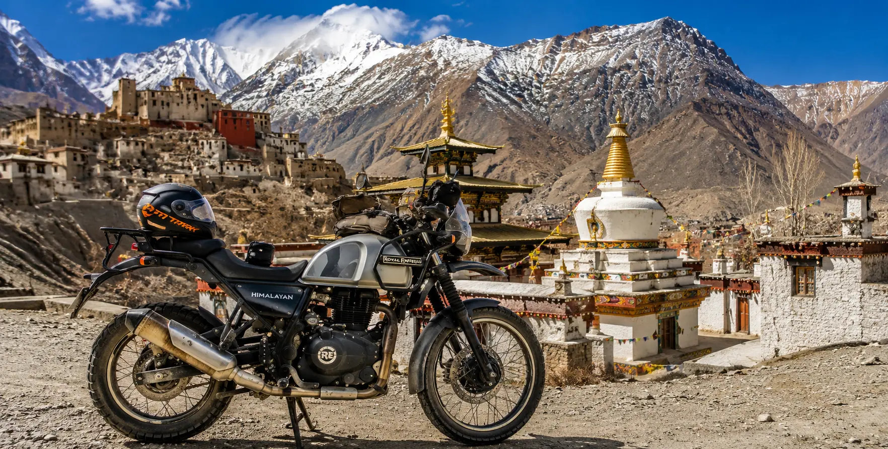 Royal Enfield Himalayan 450 Mustang Nepal Adventure Bike Tour Adventure Bike Hire in Nepal 2026 Best Motorcycle Rentals Nepal -Royal Enfield Himalayan 450 adventure motorcycle in the Mustang Valley, Nepal.