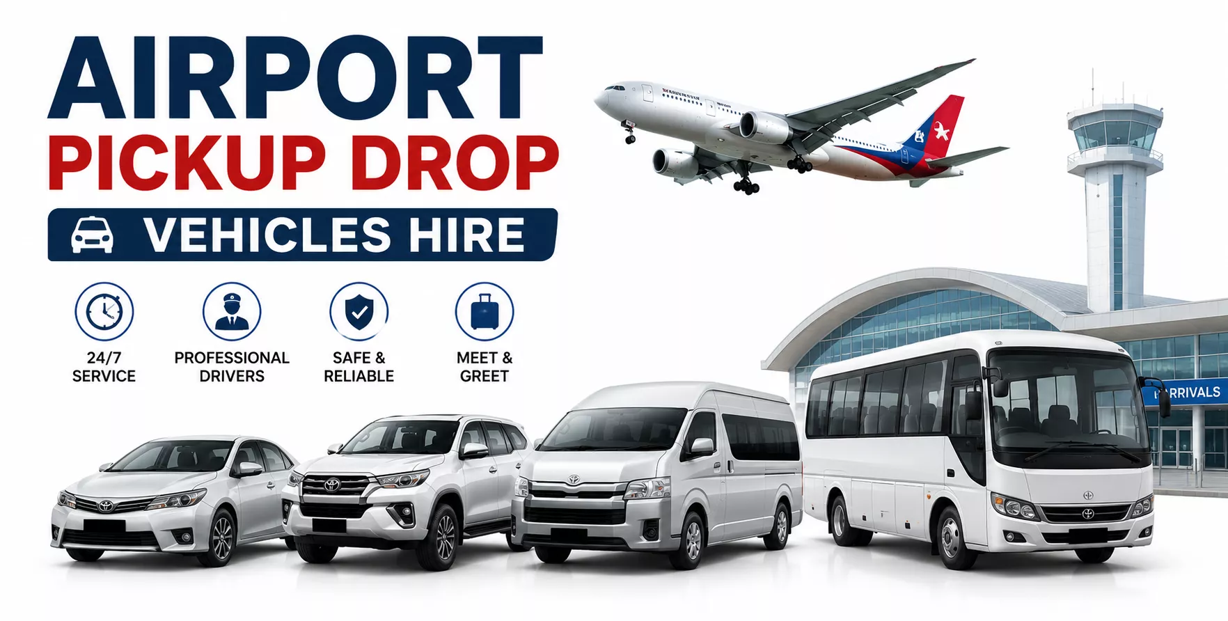 Bhairahawa Airport pickup vehicle with private car, jeep, Hiace, and tourist bus service in Nepal.