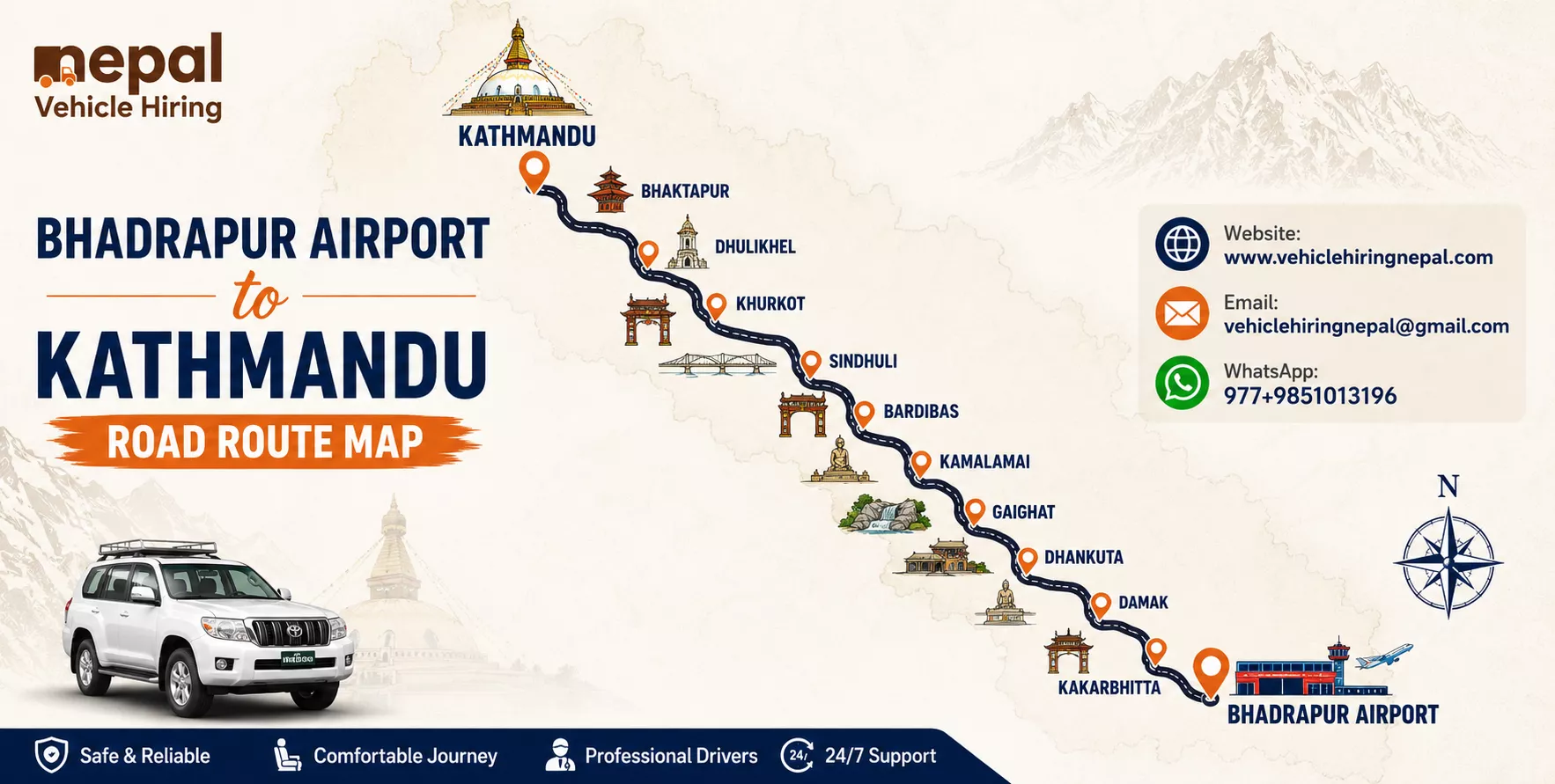 Book a Bhadrapur Airport to Kathmandu Jeep Hire with a private 4WD jeep, Scorpio SUV, Hiace van, or car for a safe, comfortable, and reliable long-distance airport transfer across Nepal.