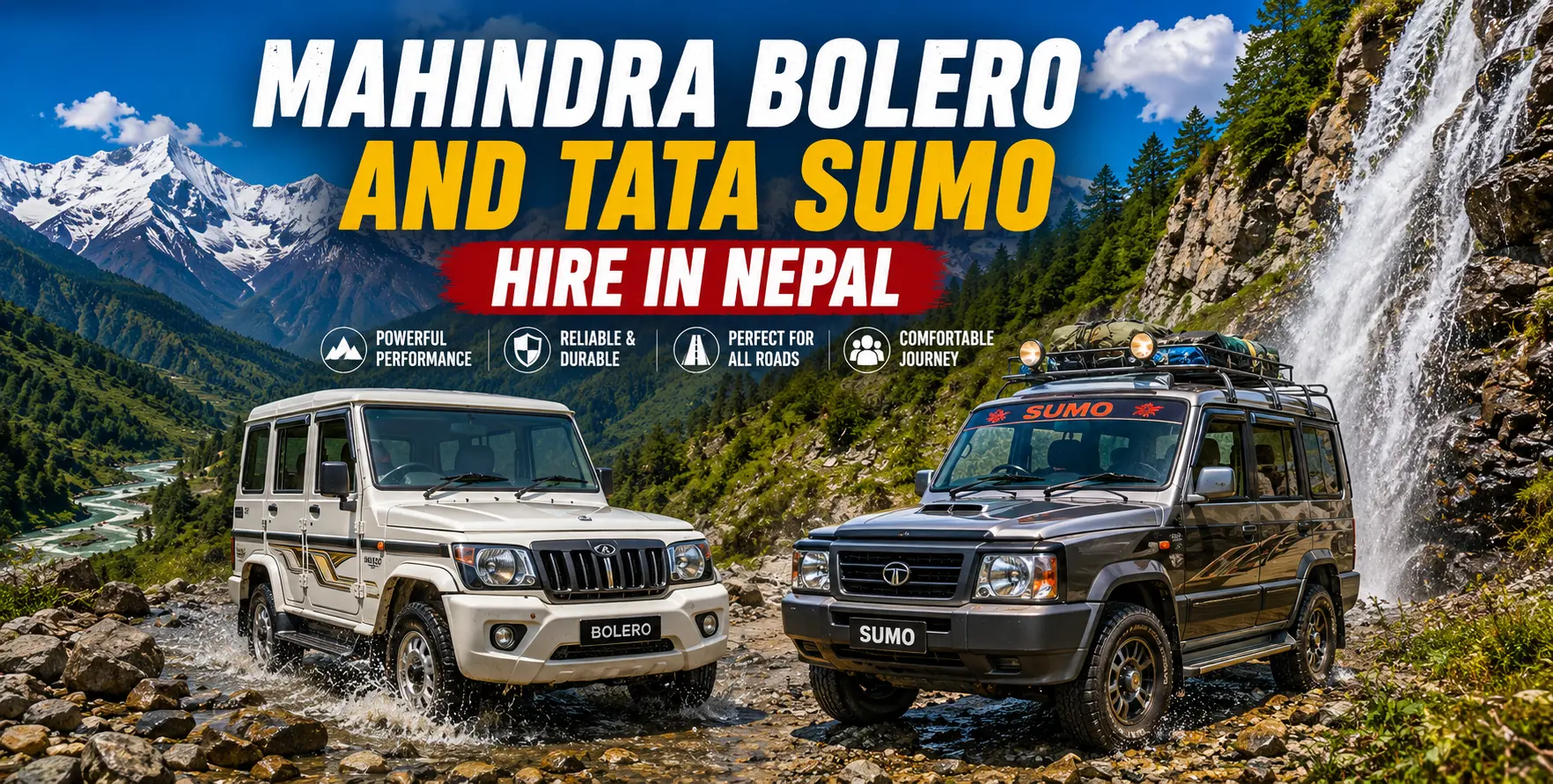 Off-Road Jeep Annapurna Nepal with luxury 4WD Bolero, Scorpio and Sumo vehicle on the Himalayan mountain road