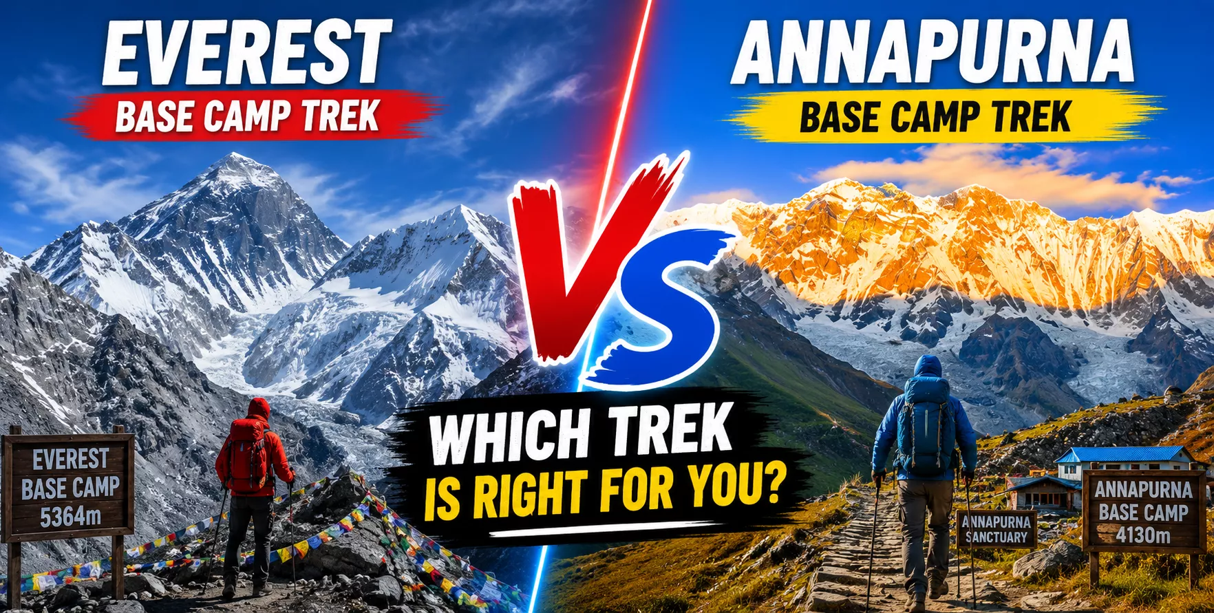 Compare Annapurna vs Everest Base Camp in 2026 to choose the right Himalayan adventure based on trekking difficulty, duration, altitude, cost, scenery, accommodation, permits, and travel experience.