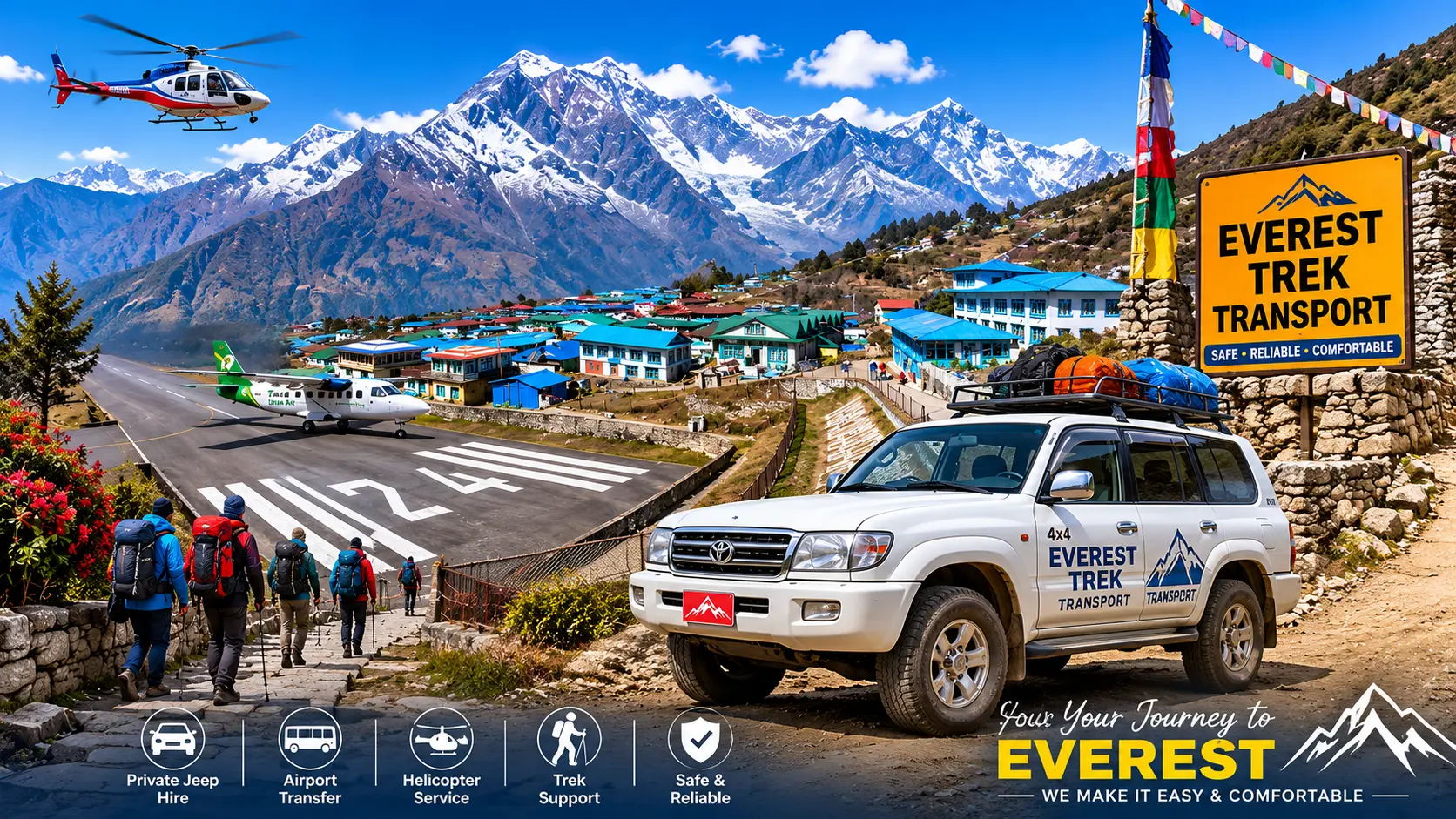 Book Pokhara to Everest Region Transport with a private Scorpio or 4WD jeep for a comfortable journey connecting to your Everest trekking adventure.
