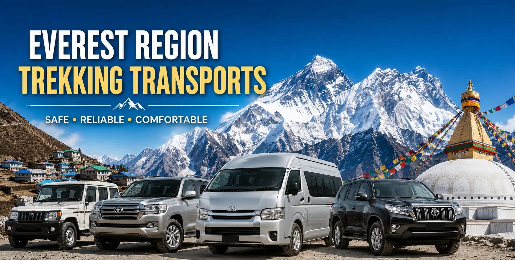 Plan your Himalayan adventure with the Nepal Trekking Transport Guide. Book private 4WD jeeps, Scorpio SUVs, Hiace vans, and cars with experienced drivers for safe, comfortable, and reliable transfers to Nepal's major trekking regions.
