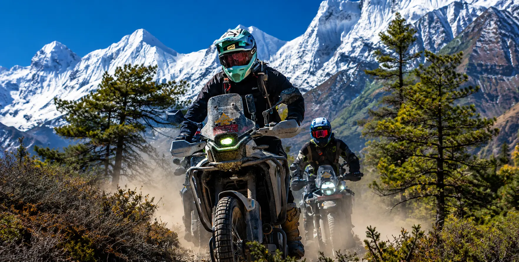 KTM 390 Adventure R motorcycle on the scenic roads of Mustang, Nepal