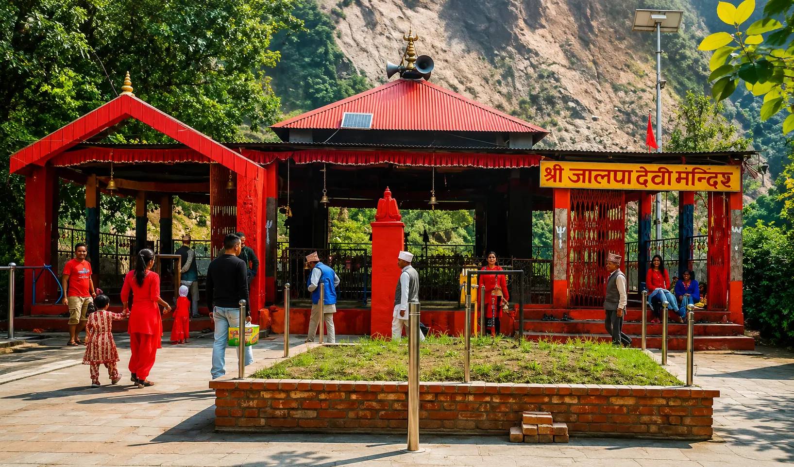 Devighat Jalpa Devi Temple, a sacred Hindu pilgrimage site in Nuwakot, Nepal, surrounded by hills and the Trishuli River.