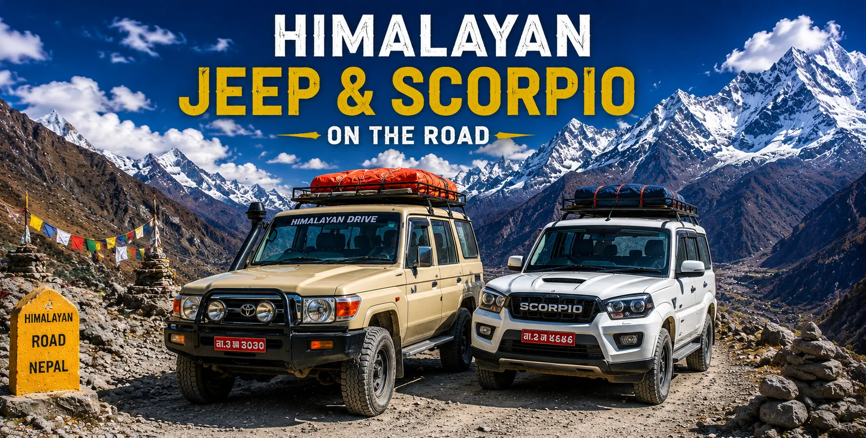 4WD Jeep and SUV driving on Nepal's mountain roads, comparing the best hire vehicles for Himalayan travel