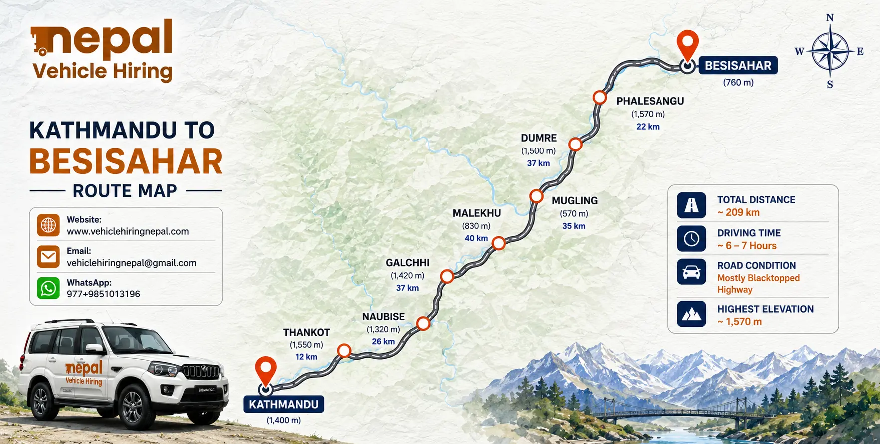 Book the best Besisahar vehicle hire with private cars, 4WD jeeps, Scorpio SUVs, Hiace vans, and buses. Enjoy reliable pickup and drop services for the Annapurna Circuit Trek, Dharapani, Chame, and nearby destinations.