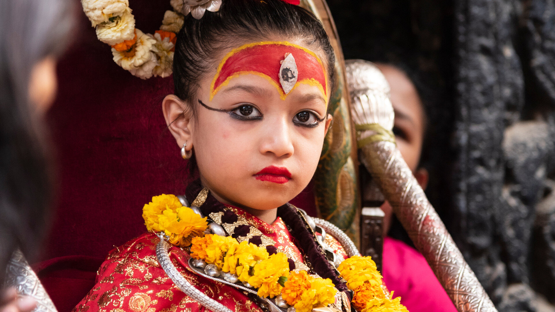 Living Goddess Kumari of Nepal Living Goddess Kumari of Nepal dressed in traditional royal attire during a cultural and religious ceremony in Kathmandu.