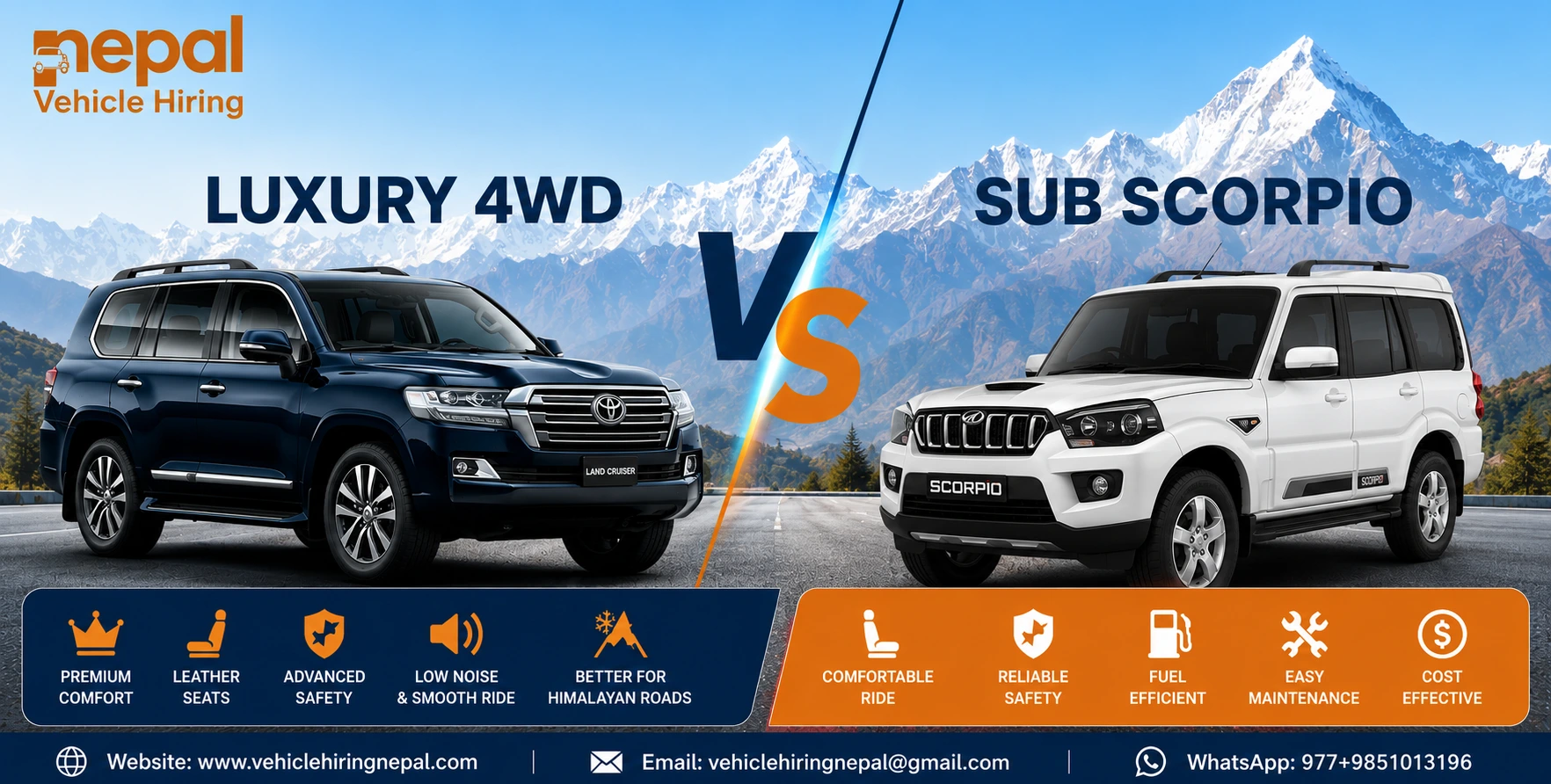 Luxury 4WD and standard SUV parked side by side for comparison on Nepal's scenic mountain roads