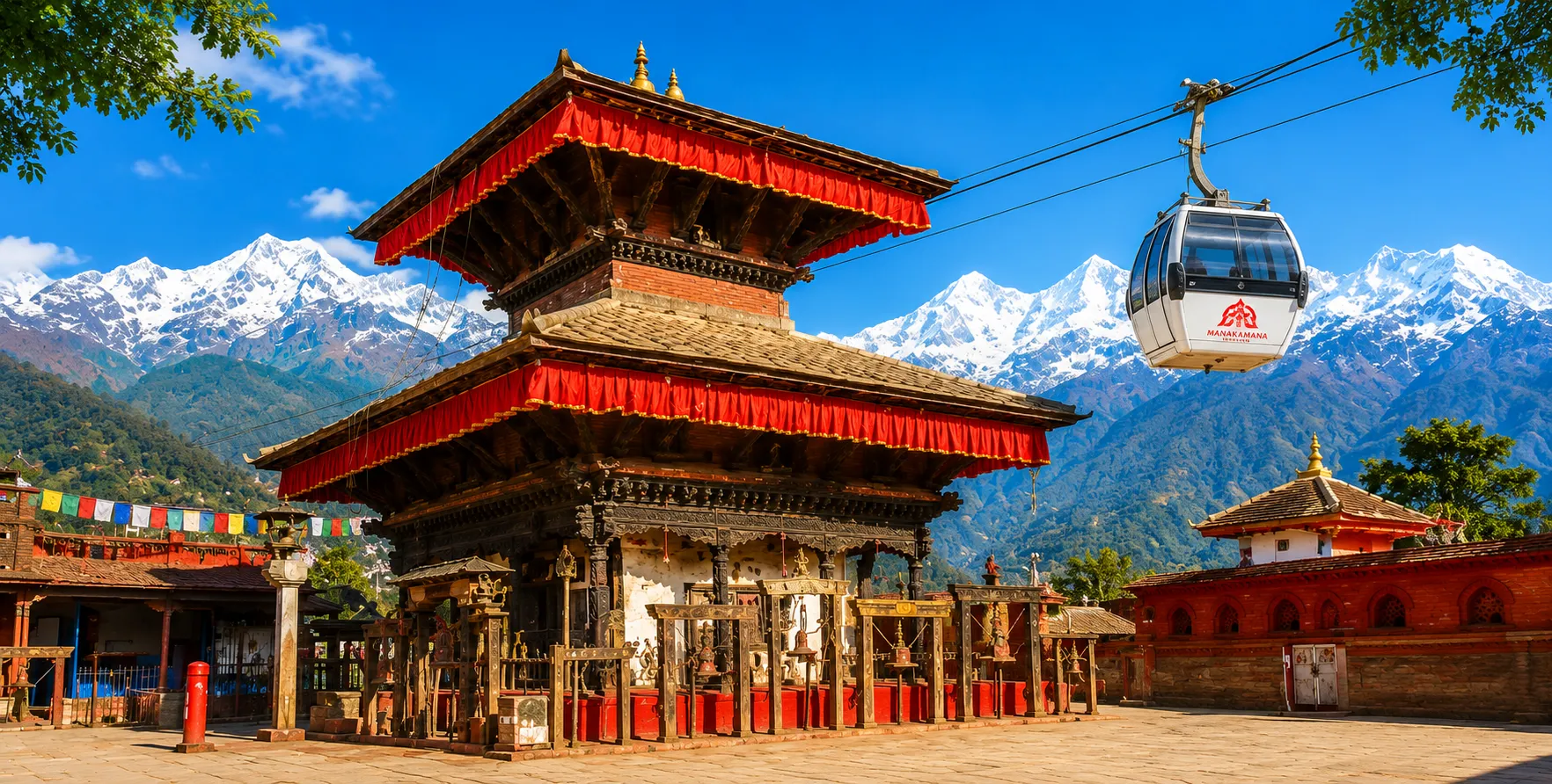 Private car and 4WD jeep at the Manakamana Cable Car station with Manakamana Temple in the background