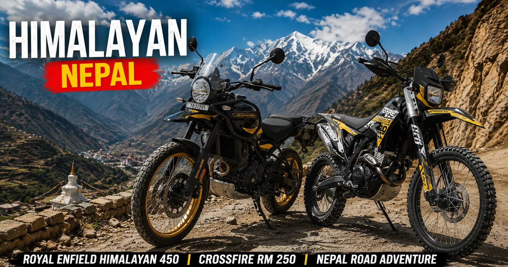Royal Enfield Himalayan 450 KTM 390 Adventure R Himalayan 411 Classic 350 500 Bajaj Hero Motorcycle Tour Mustang Nepal Adventure Bike Hire in Nepal 2026 Best Motorcycle Rentals Nepal -Royal Enfield Himalayan 450, KTM 390 Adventure R, Royal Enfield Himalayan 411, Royal Enfield Classic 350, Royal Enfield Classic 500, Bajaj Pulsar and Hero adventure motorcycles in Mustang Valley with the ancient Mustang Kingdom, Nepal.