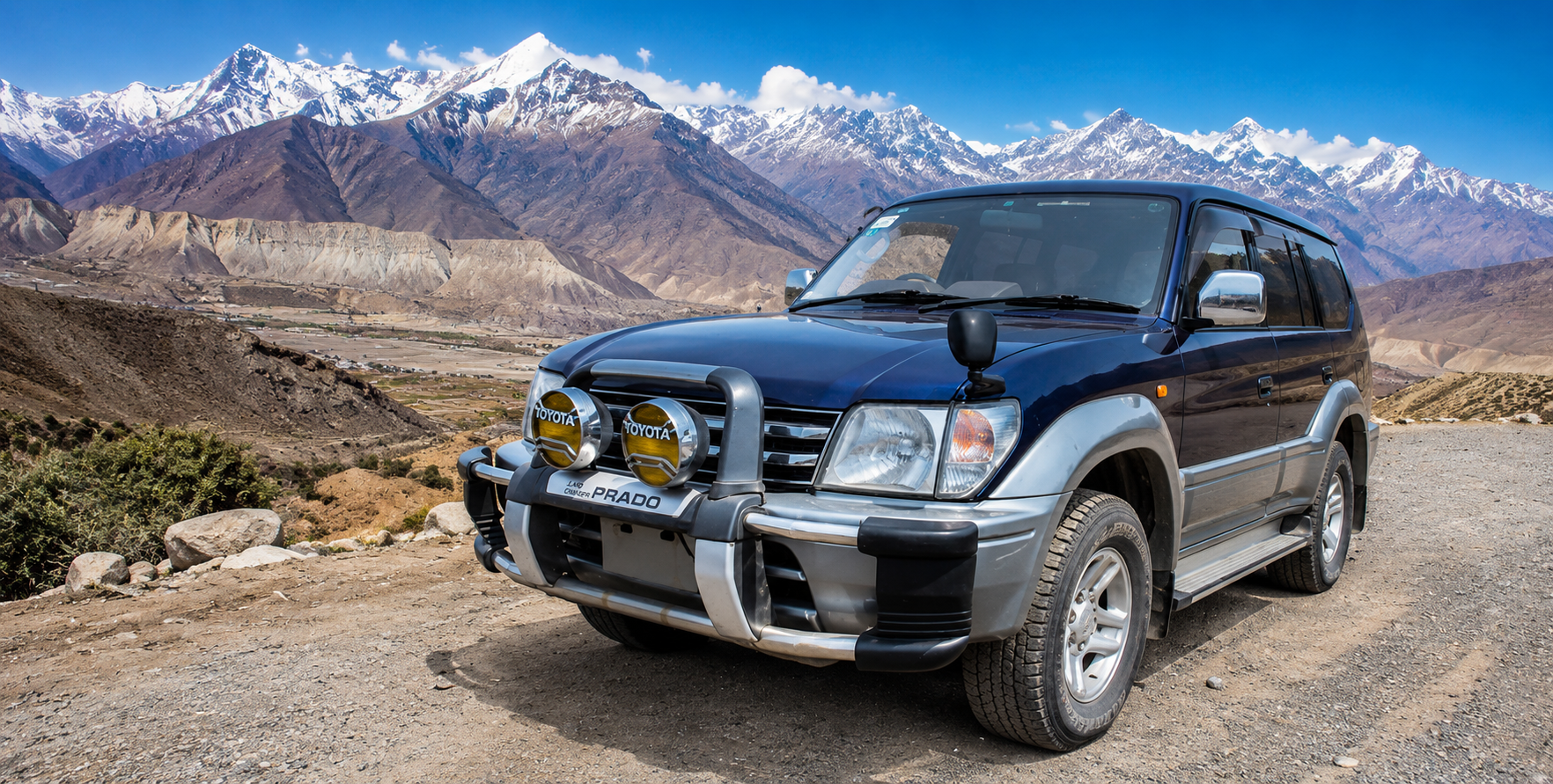 4WD vehicles in Nepal including Land Cruiser, Prado, Fortuner, Scorpio, and Bolero for mountain roads and trekking transport