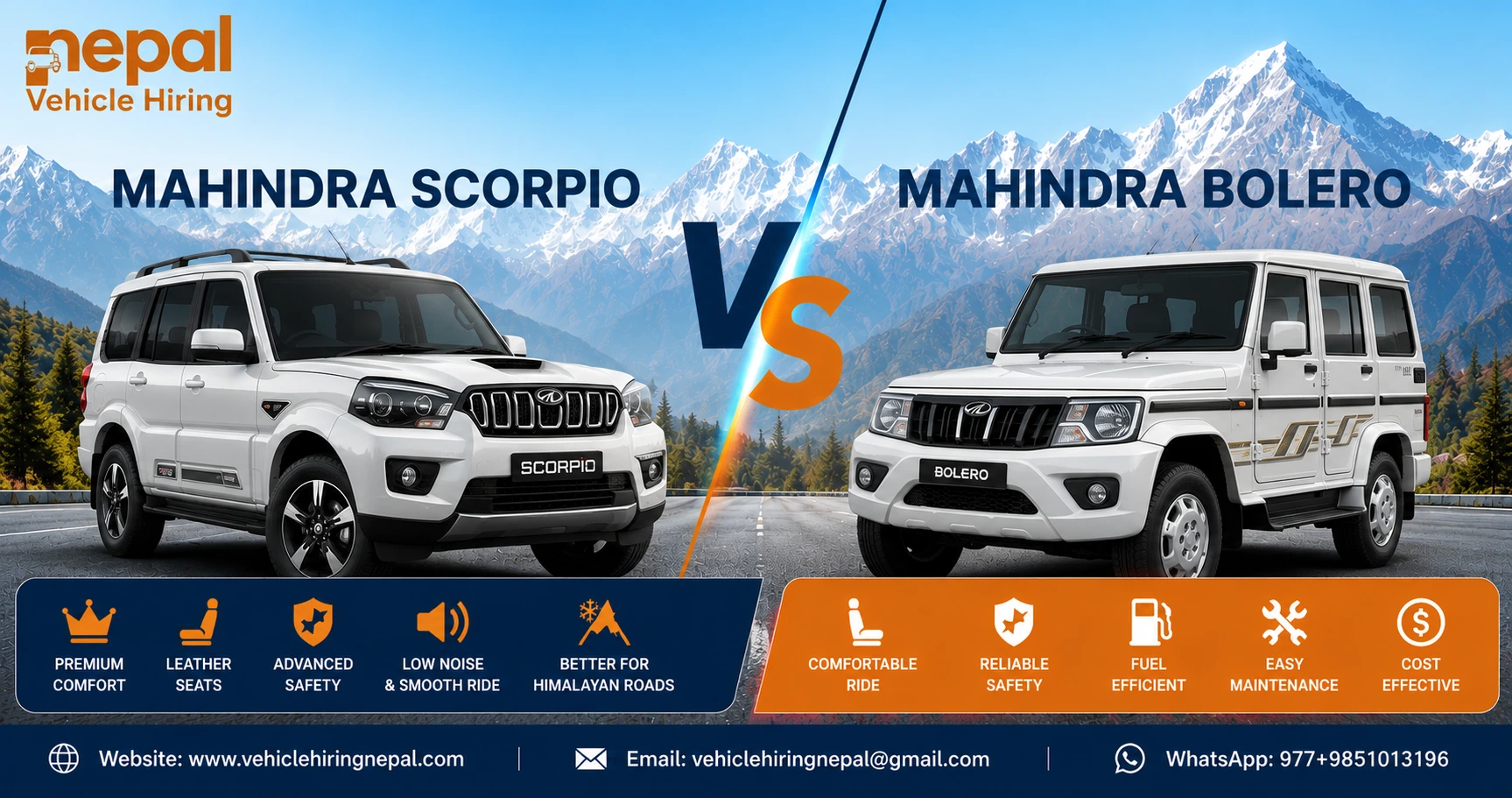 Luxury 4WD and standard SUV parked side by side for comparison on Nepal's scenic mountain roads