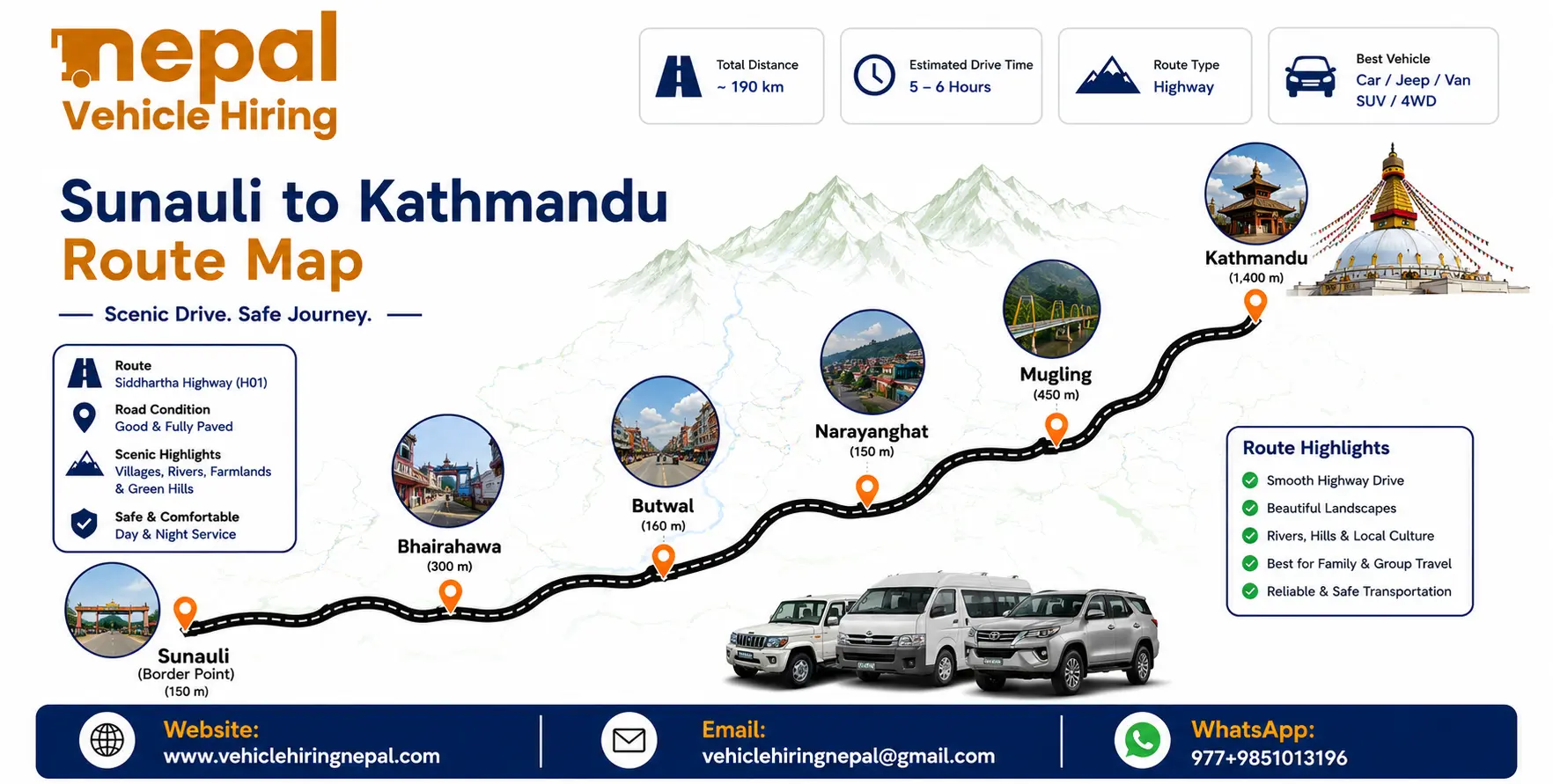 Private 4WD jeep and Scorpio providing transport from Sunauli Border to Kathmandu along Nepal's highway