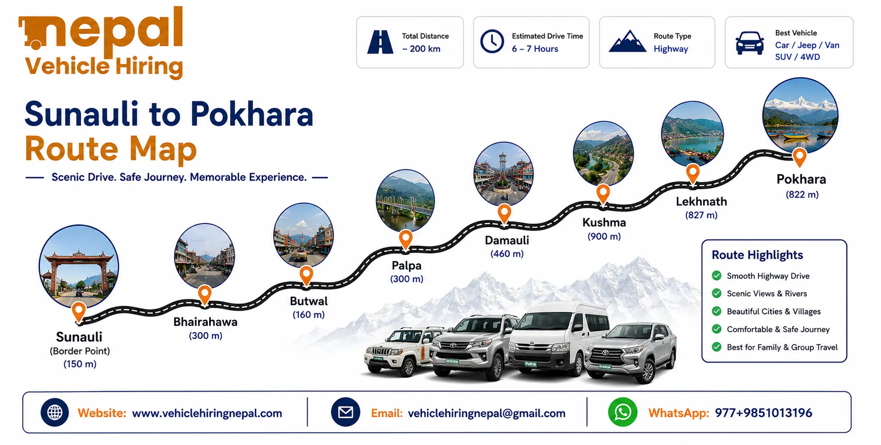 Book Sunauli to Pokhara Private Vehicle Hire with a private car, 4WD jeep, Scorpio SUV, or Hiace van for a safe, comfortable, and reliable journey from the Nepal-India border to Pokhara.