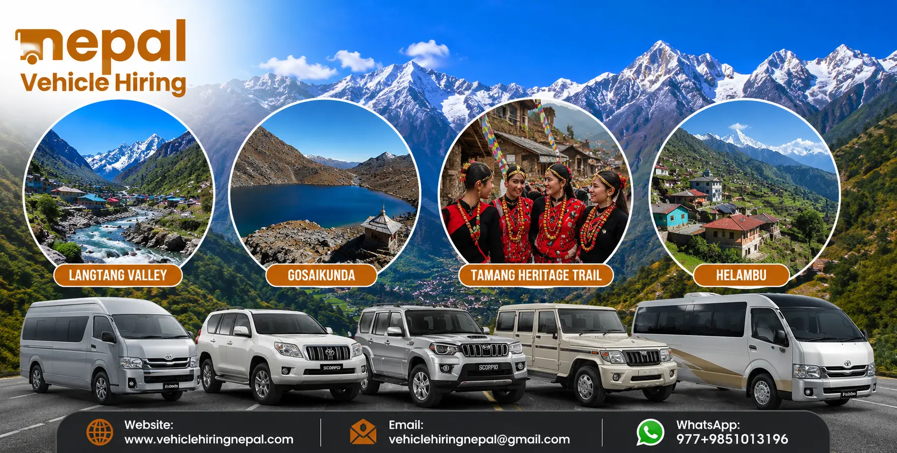 Private 4WD jeep, Scorpio SUV, and Hiace van providing pickup and drop service for the Langtang Valley Trek in 2026/27
