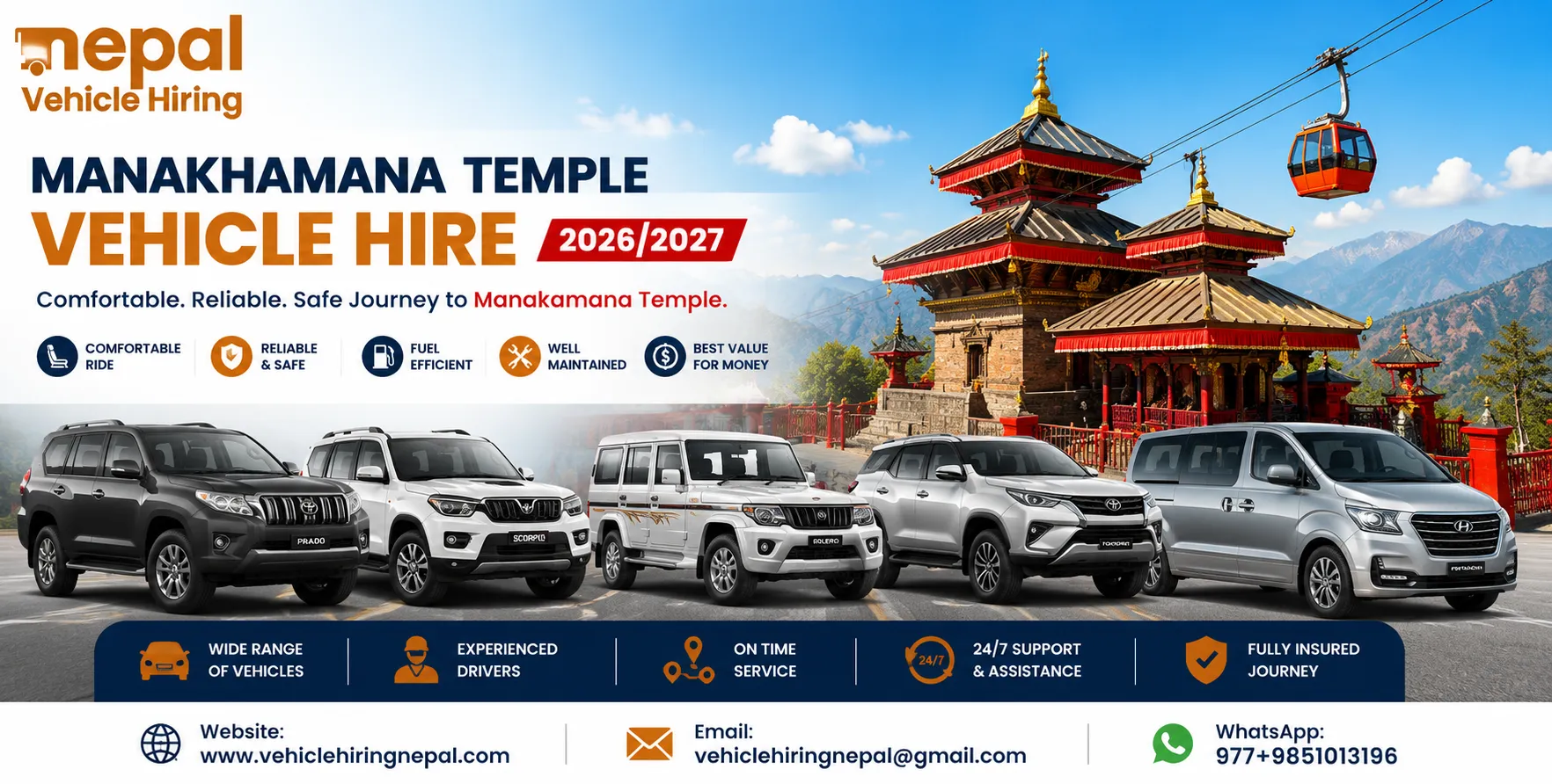 Book a Manakamana Temple Cable Car and Vehicle Combo Tour with a private car, 4WD jeep, SUV, or Hiace for a smooth, comfortable, and memorable pilgrimage experience.