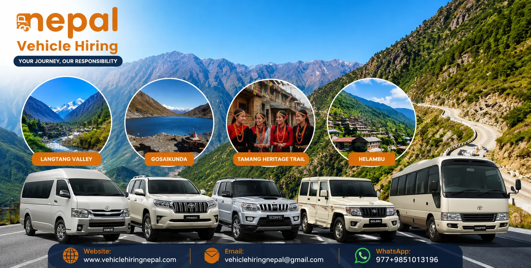 Private 4WD jeep, Scorpio SUV, and Hiace van providing pickup and drop service for the Langtang Valley Trek in 2026/27