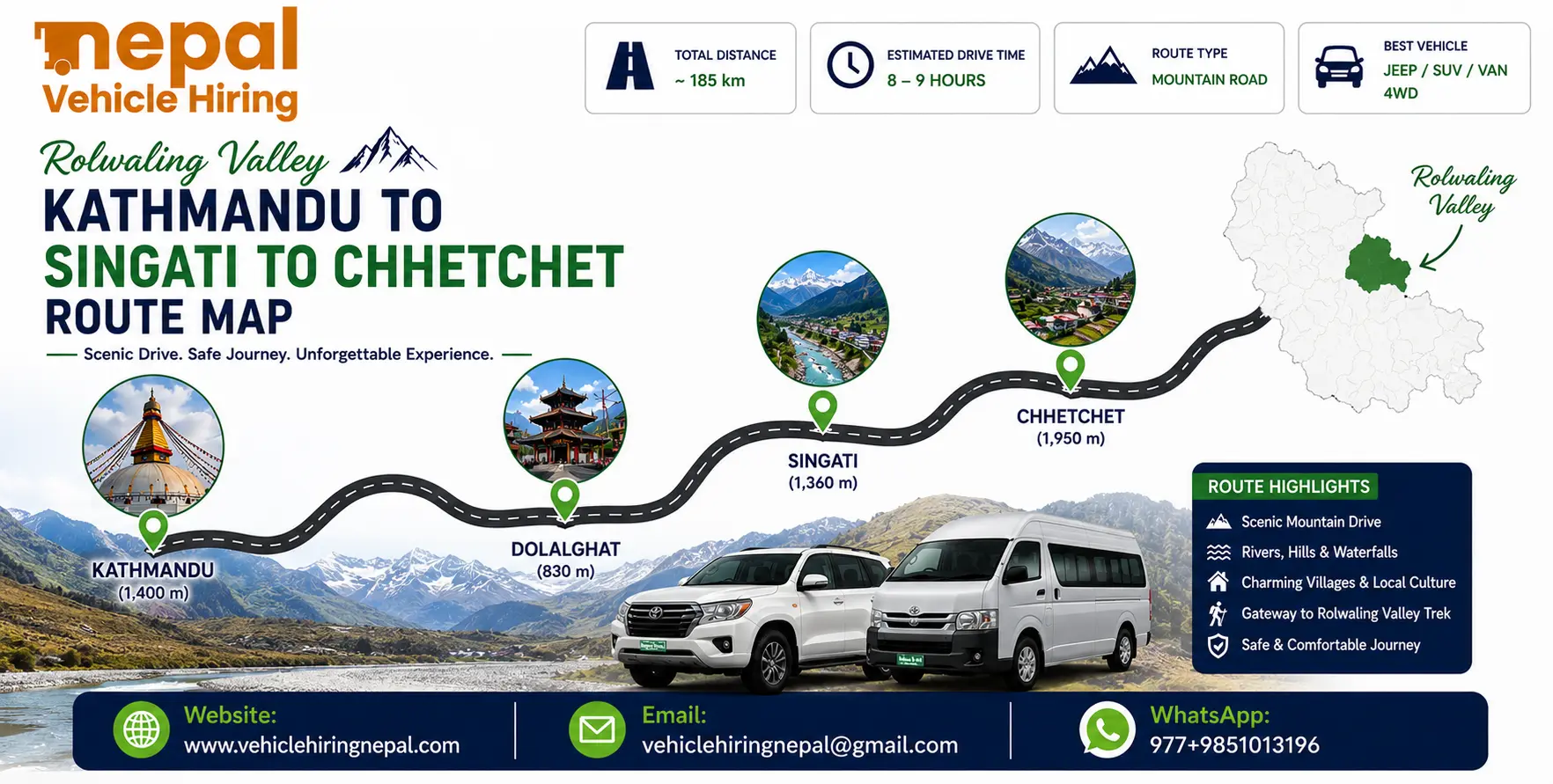Rolwaling Valley route map Choose the best vehicle for Rolwaling Valley with a private 4WD jeep or Scorpio SUV. Reliable mountain-road transport is ideal for reaching the Rolwaling Valley trekking area with luggage and trekking equipment.