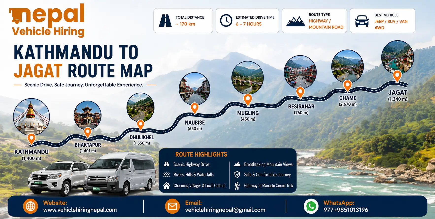 Book Kathmandu to Jagat Jeep Hire with a private 4WD jeep or Scorpio SUV for your Manaslu Circuit adventure. The road beyond Arughat becomes increasingly rough, so a suitable 4WD vehicle and an experienced mountain-road driver are important. Current route information indicates that access toward Jagat can vary with road and weather conditions, so the exact drop-off point should be confirmed before departure.