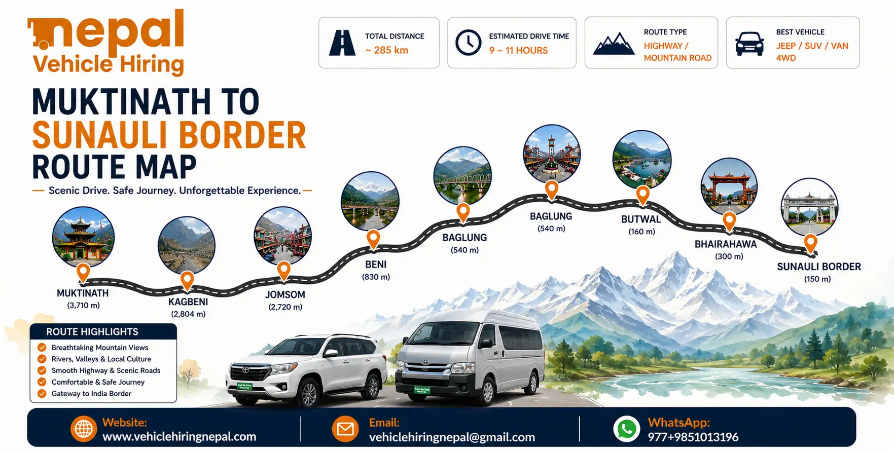 Book a Muktinath Yatra return to Sunauli drop jeep for a comfortable journey from Muktinath through Jomsom and Pokhara to the Sunauli Border. A private Scorpio or 4WD jeep is a practical choice for pilgrims carrying luggage and traveling as a family or group. The Sunauli-Bhairahawa corridor is an official Nepal land-entry route.