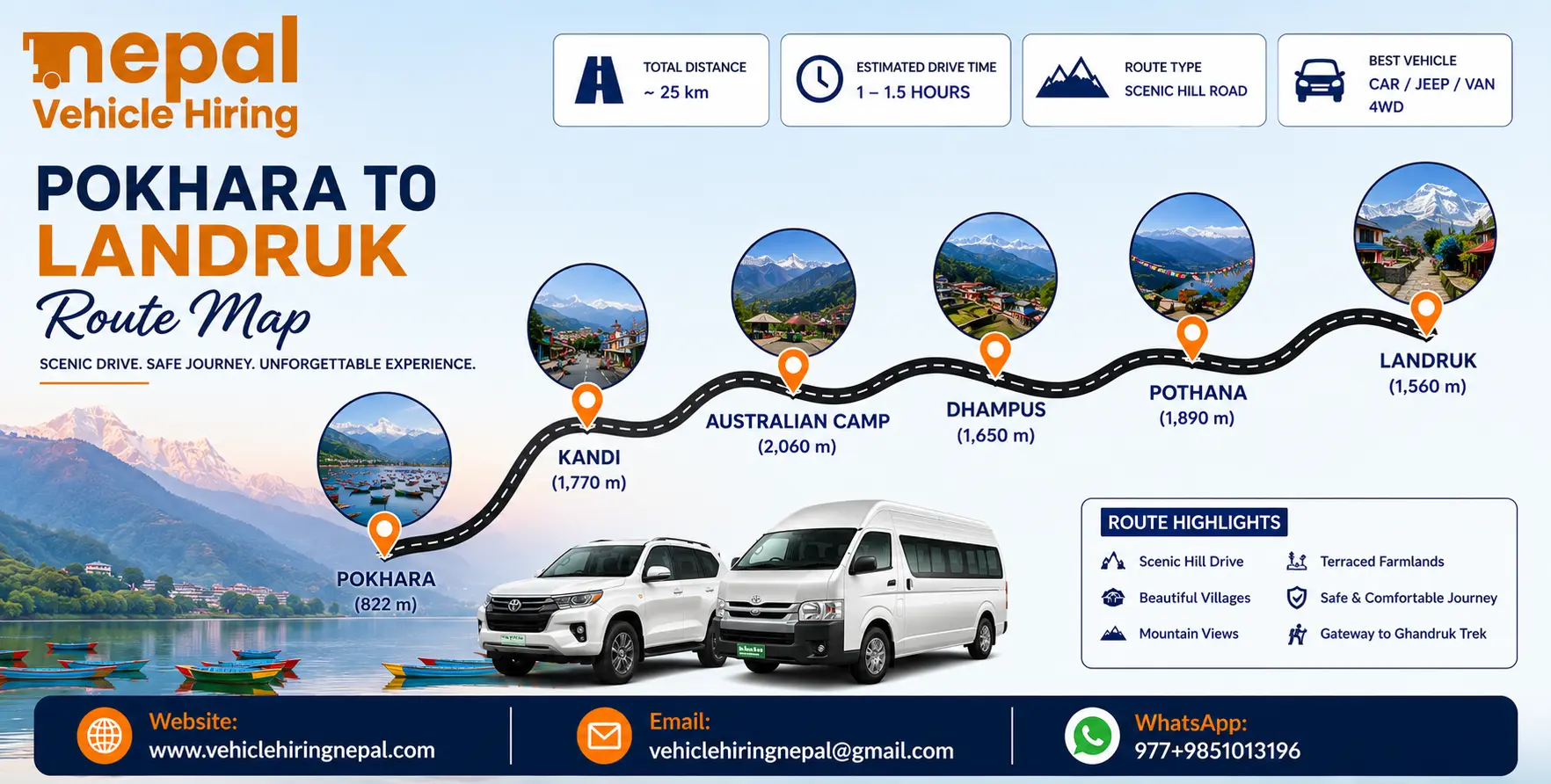 Book Pokhara to Landruk Jeep Hire with a private 4WD jeep or Scorpio SUV for a comfortable journey to the Annapurna trekking region. A private jeep provides convenient hotel pickup in Pokhara, luggage space, and flexible travel arrangements.