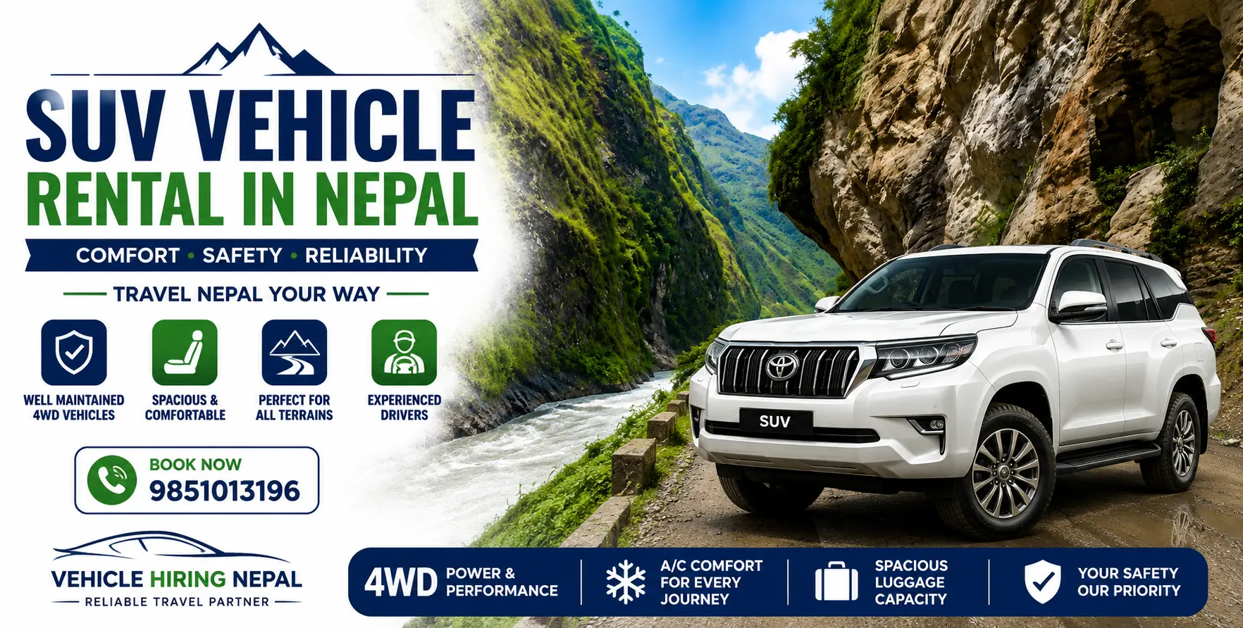 Book SUV Rental in Nepal for comfortable and reliable travel across cities, highways, and mountain roads. Choose from Scorpio, Fortuner, Prado, Land Cruiser, and other 4WD SUVs for tours, trekking transfers, pilgrimage journeys, and private travel.