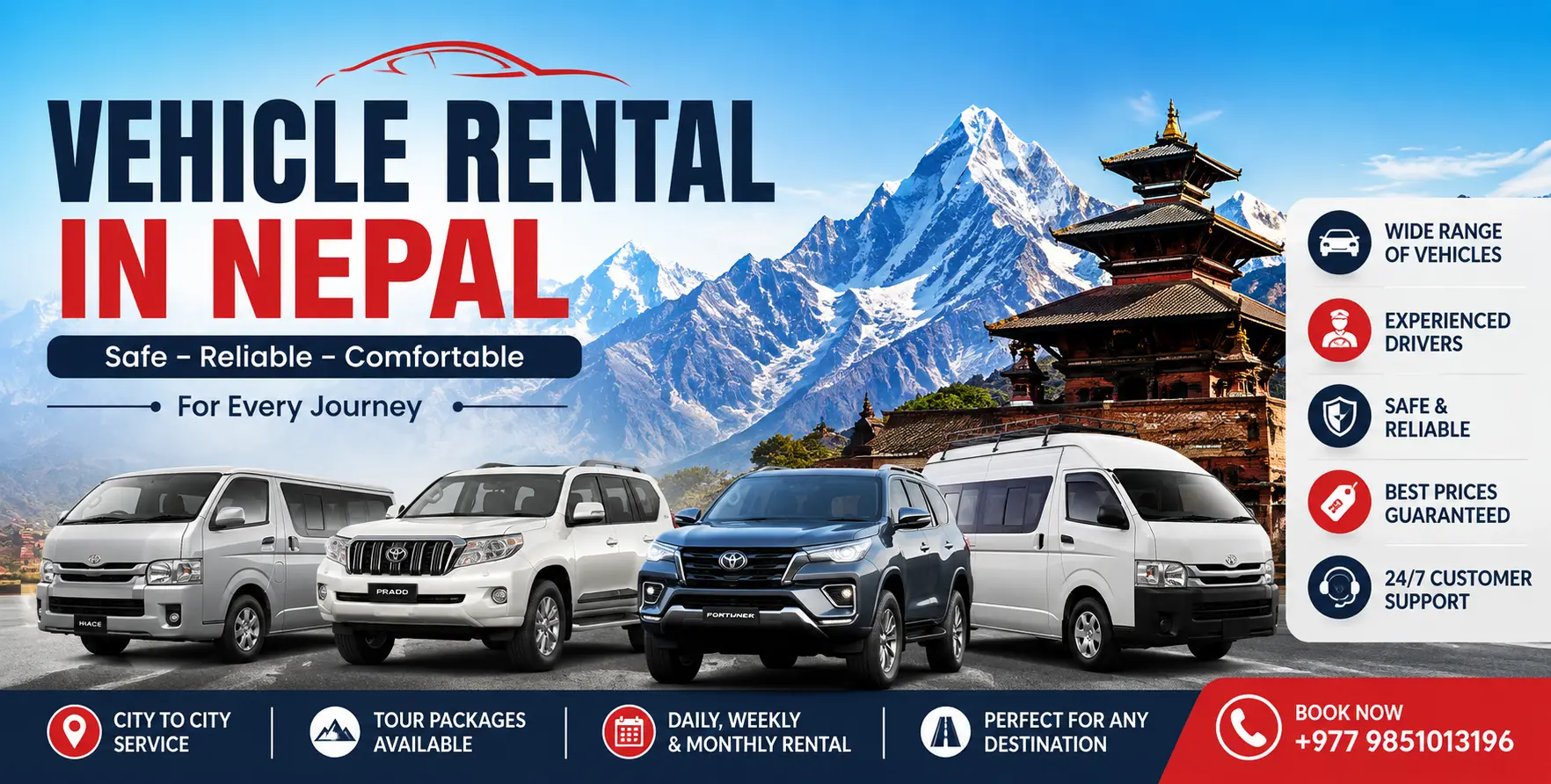 Book Religious Tour Transport in Nepal with private cars, 4WD jeeps, SUVs, Hiace vans, Coaster buses, and tourist buses. Travel comfortably to Pashupatinath, Lumbini, Muktinath, Janakpur, Manakamana, Halesi Mahadev, and other sacred destinations with experienced drivers.