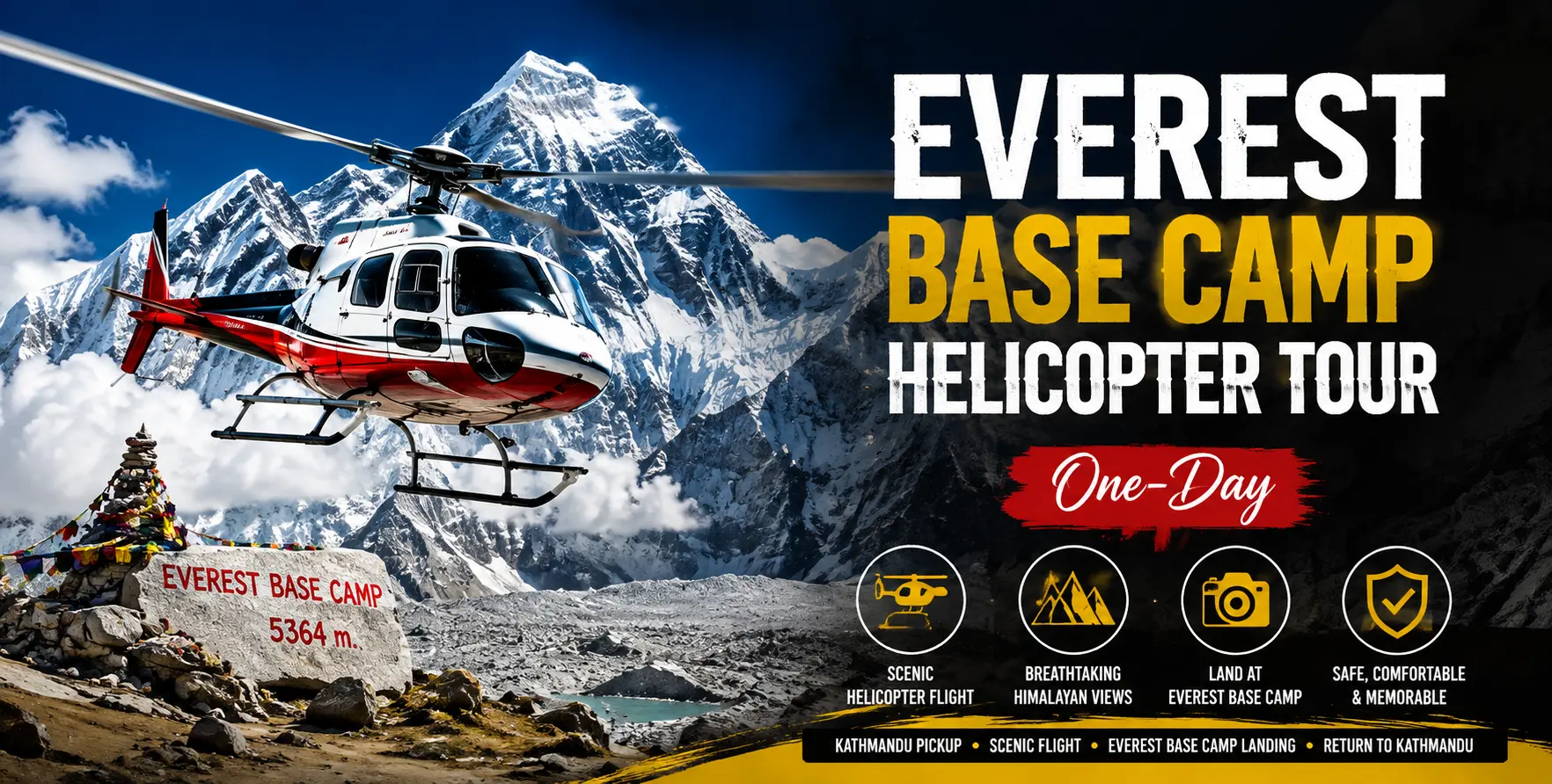 Book an Everest Base Camp Trek Heli Return for a convenient helicopter flight after completing the trek. Enjoy spectacular Himalayan views while reducing the time required for the return journey.