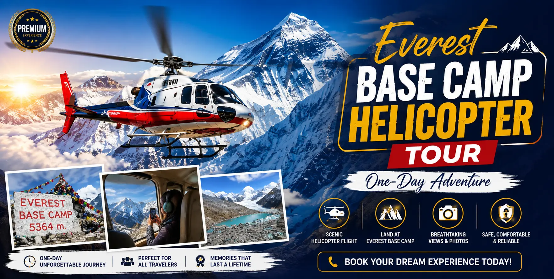 Book an Everest Base Camp Trek Heli Return for a convenient helicopter flight after completing the trek. Enjoy spectacular Himalayan views while reducing the time required for the return journey.