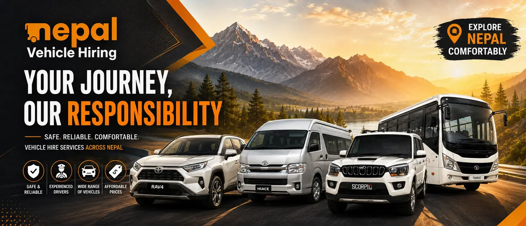 Book Long Distance Vehicle Hire in Nepal for comfortable and reliable travel between Kathmandu, Pokhara, Chitwan, Lumbini, Mustang, border points, and remote destinations. Choose a private car, SUV, 4WD jeep, Hiace, Coaster, or tourist bus according to your group size and route.