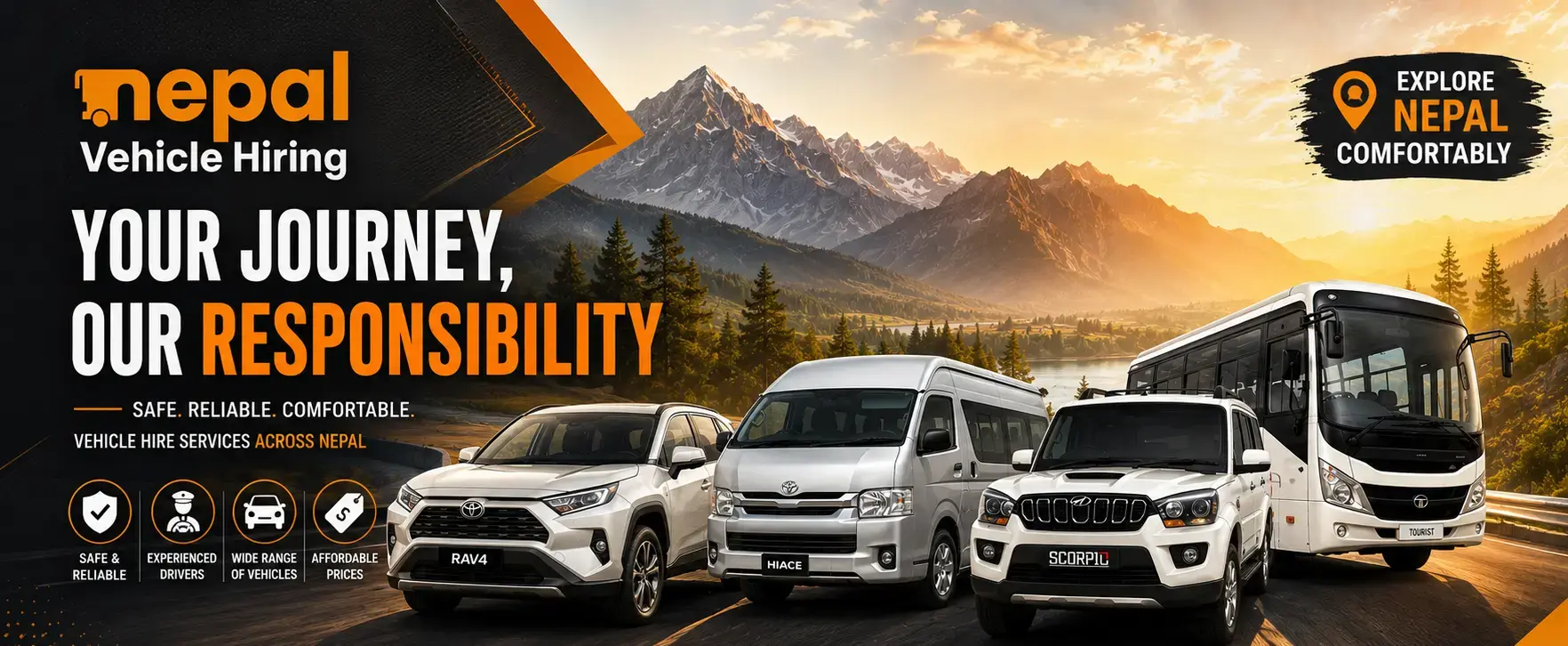 Explore Nepal your way with private vehicle services, including cars, 4WD jeeps, Scorpio, Hiace vans and tourist buses with professional drivers.