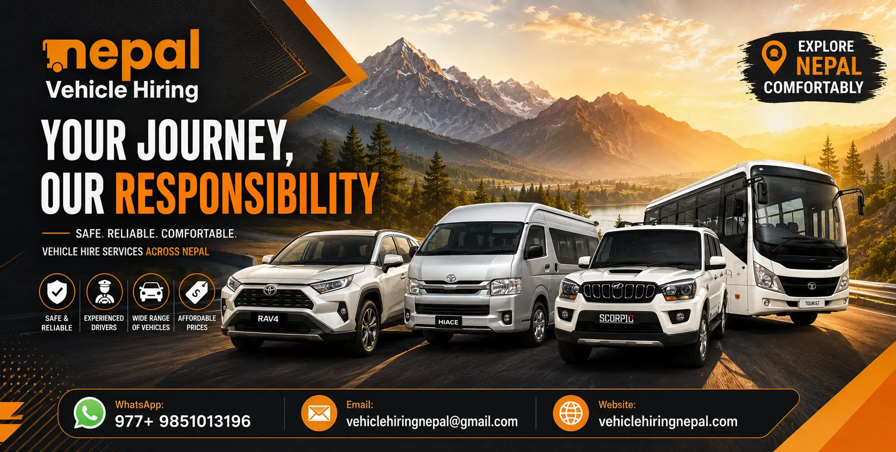 Experience Nepal better with safe vehicle rental services in Nepal, offering private cars, 4WD jeeps, SUVs, Hiace vans, and buses with experienced drivers for comfortable tours, trekking transfers, pilgrimages, and long-distance travel.