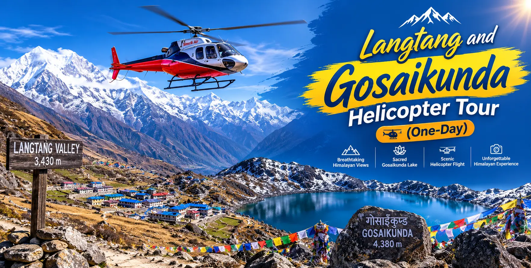 Experience the Langtang Valley and Gosaikunda Lake Helicopter Tour for spectacular views of Langtang Himal, Gosaikunda Lake, glaciers, and surrounding Himalayan peaks in a single day.