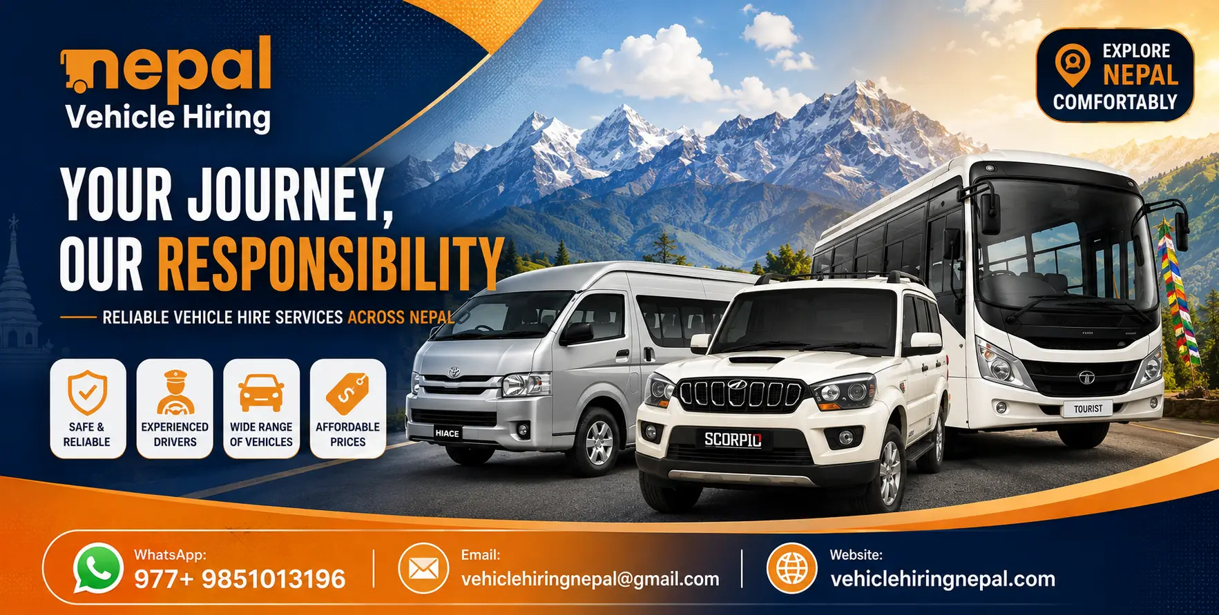 Experience Nepal better with safe vehicle rental services in Nepal, offering private cars, 4WD jeeps, SUVs, Hiace vans, and buses with experienced drivers for comfortable tours, trekking transfers, pilgrimages, and long-distance travel.