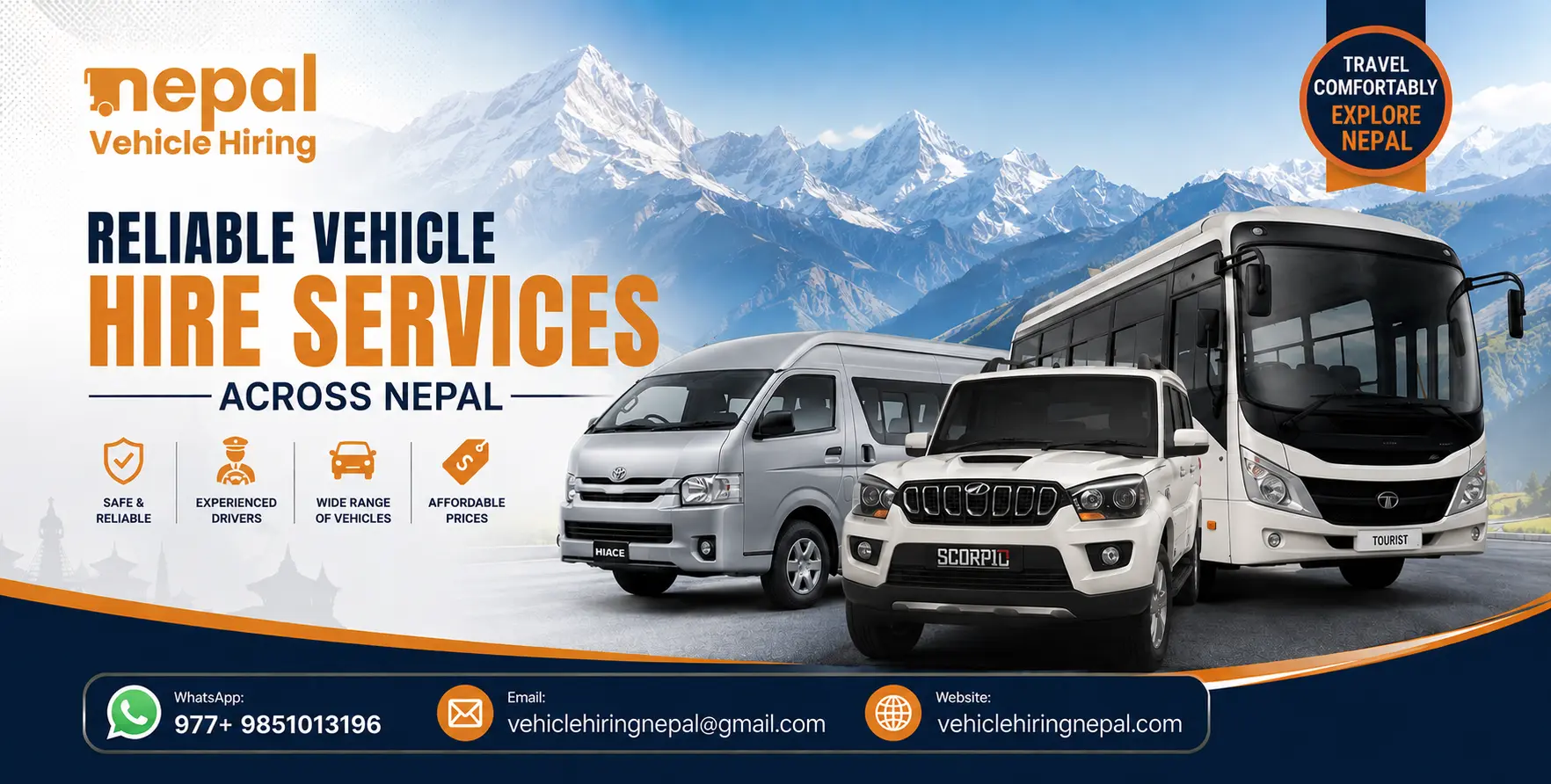 Experience Nepal better with safe vehicle rental services in Nepal, offering private cars, 4WD jeeps, SUVs, Hiace vans, and buses with experienced drivers for comfortable tours, trekking transfers, pilgrimages, and long-distance travel.