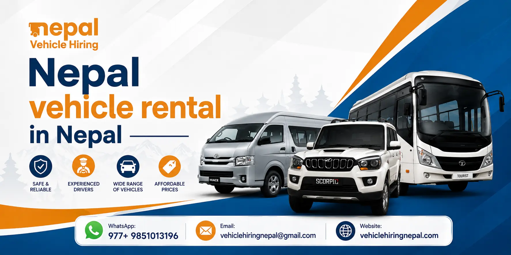 Experience Nepal better with safe vehicle rental services in Nepal, offering private cars, 4WD jeeps, SUVs, Hiace vans, and buses with experienced drivers for comfortable tours, trekking transfers, pilgrimages, and long-distance travel.